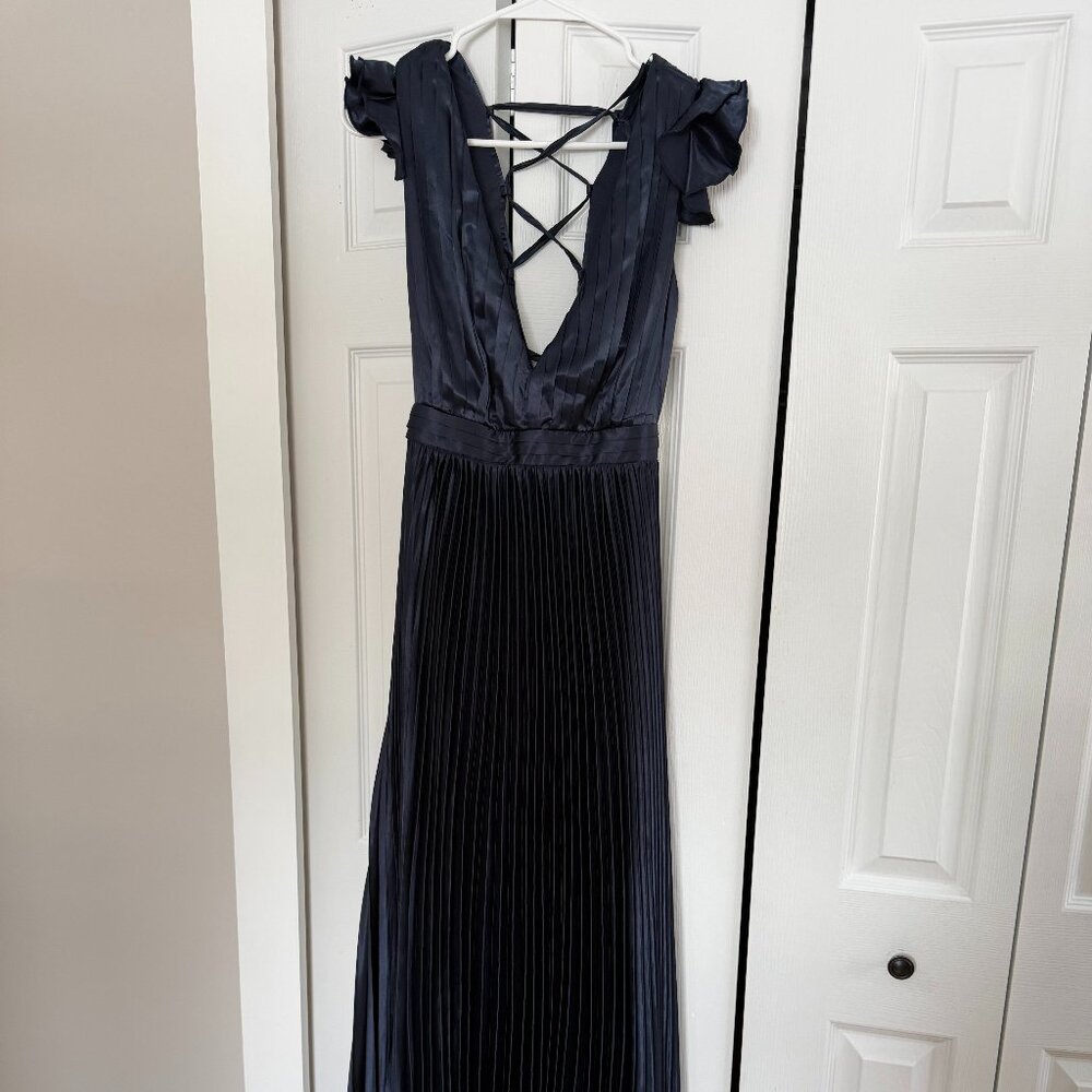 Lulus Exceptional Drama Navy Blue Satin Lace-up Pleated maxi dress
